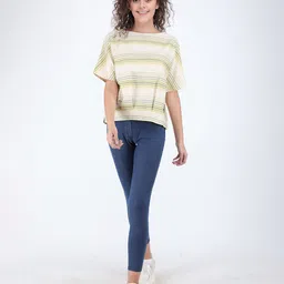 Streaks & Crosses Horizontal Striped Boat Neck Extended Sleeves Cotton Top-picture-35