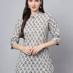 KALINI Women Floral Printed Mandarin Collar Roll-Up Sleeves Cotton Top-picture-34