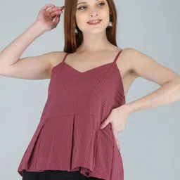 HERE&NOW Maroon Vertical Striped Cotton Pleated Peplum Top-picture-45