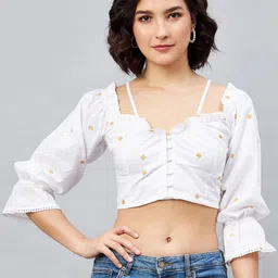 Orchid Blues Geometric Embroidered Sweetheart Neck Bell Sleeves Crop Cotton Top-picture-39