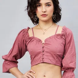 Orchid Blues Geometric Embroidered Sweetheart Neck Puff Sleeves Cotton Crop Top-picture-51