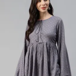 KALINI Ethnic Motifs Printed Tie-Up Neck Flared Sleeves Gathered Cotton A-Line Top-picture-17