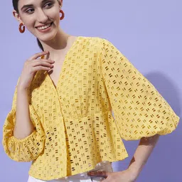 Athena Schiffli Self Design V-Neck Puff Sleeves Empire Top-image-65