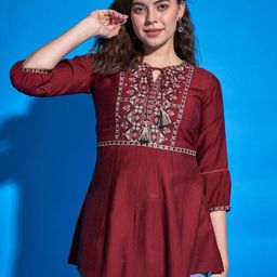 Sangria Geometric Embroidered Tie-Up Neck Longline A-line Top-picture-33