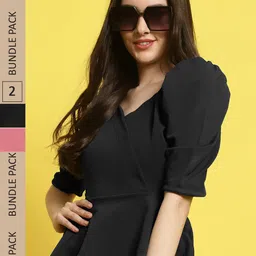 Fabflee Pack Of 2 V-Neck Puff Sleeves Peplum Top-picture-12