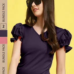 Fabflee Pack Of 2 Sweetheart Neck Puff Sleeve Peplum Top-picture-24