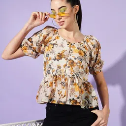 Slenor Floral Print Sweetheart Neck Puff Sleeve Peplum Top-image-3