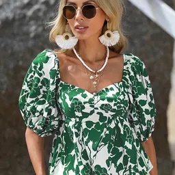 Stylecast X Slyck Floral Printed Sweetheart Neck Puff Sleeves Crop A-Line Top-picture-24