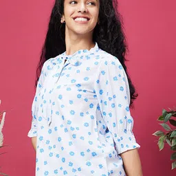 Globus White Floral Printed Tie-Up Neck Puffed Sleeves Top-image-31