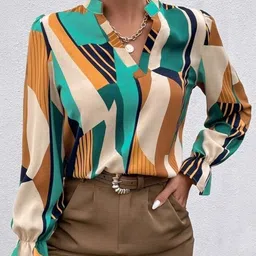 Stylecast X Slyck Geometric Printed Mandarin Collar Puff Sleeve Shirt Style Top-image-1