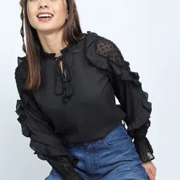 Tokyo Talkies Black Tie-Up Neck Frill Sleeves Top-picture-23