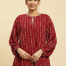 W Maroon Geometric Printed Keyhole Neck Puff Sleeve Longline A-Line Top image 1