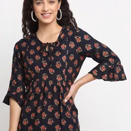 KALINI Navy Blue Floral Print Tie-Up Neck Top-picture-18