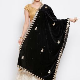 Clora Creation Black & Gold-Toned Ethnic Motifs Embroidered Velvet Dupatta with Gotta Patti-picture-9