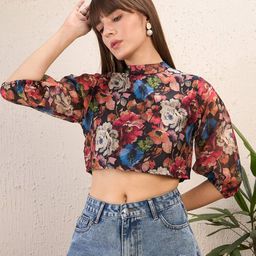 SASSAFRAS Black Floral Print Puff Sleeve Boxy Crop Top-image-61