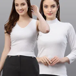 Friskers Women Pack of 2 White Solid V-Neck Cotton Fitted Tops-picture-36