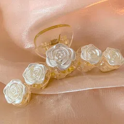 OOMPH Women Gold-Toned & White Floral Embellished Claw Clip-image-18