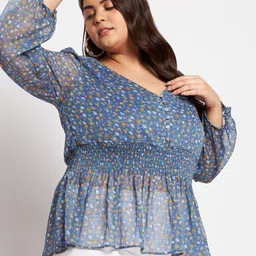 wild U Women Plus Size Blue & Mustard Yellow Floral Print Chiffon Cinched Waist Top image 1