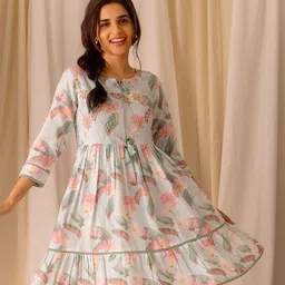 Ishin Blue Floral Printed Tie-Up Neck Embellished Linen A-Line Above Knee Length Dress-picture-39