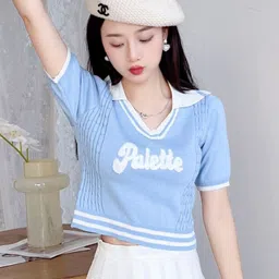 StyleCast Blue Teen Girls Typography Printed Shirt Collar Top-image-45