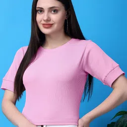 Bitterlime Round Neck Solid Cotton Top-image-40