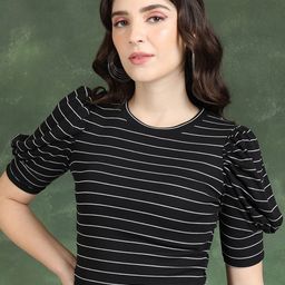 Tokyo Talkies Black & White Striped Puff Sleeves Crop Regular Top-picture-30