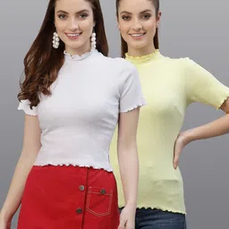 Friskers Pack Of 2 White & Yellow Solid Fitted Tops-picture-19