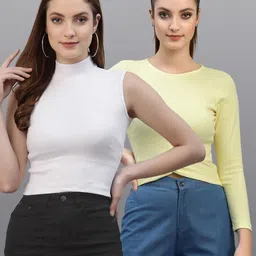 Friskers Women White & Yellow Pack of 2 Solid Tops-picture-20