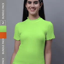 FBAR Pack Of 2 Ribbed High Neck Cotton Fitted Tops-picture-10