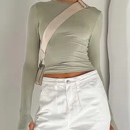 StyleCast Green Round Neck Long Sleeves Crop Fitted Top With Thumbholes-picture-38