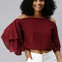 SHOWOFF Women Maroon Off-Shoulder Crop Top-image-32