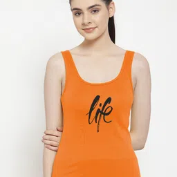 Friskers Women Orange & Black Typography Printed Tank Top-image-76