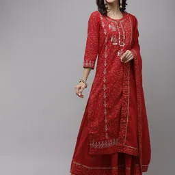 Ishin Women Red Bandhani Embroidered Regular Gotta Patti Pure Cotton Kurta with Sharara & With Dupatta-picture-22