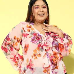 Berrylush Curve Floral Printed Puff Sleeves Ruffles Chiffon Top-image-57