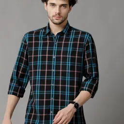 CAVALLO by Linen Club Contemporary Slim Fit Windowpane Checked Cotton Linen Casual Shirt-image-60