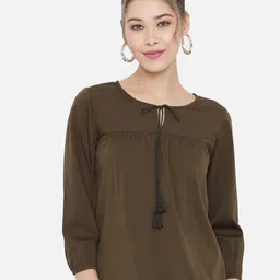 Slenor Green Tie-Up Neck Crepe Top-picture-14