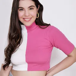 CHARMGAL Colourblocked High Neck Crop Fitted Top-picture-10