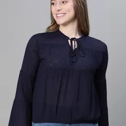Oxolloxo Tie-Up Neck Bell Sleeves Dobby Top-picture-20