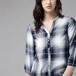 The Roadster Lifestyle Co Women Blue & White Checked Blouson Top-image-27