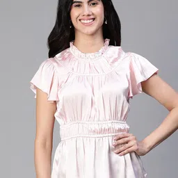 Oxolloxo High Neck Flutter Sleeve Ruffles Satin Cinched Waist Top image 1