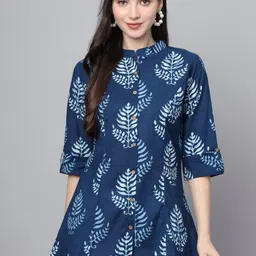 Divena Floral Printed Mandarin Collar Cotton Longline Top-image-41