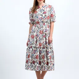 NKSA FASHION Floral Printed Mandarin Collar Puff Sleeves Fit and Flare Maxi Dress-image-29