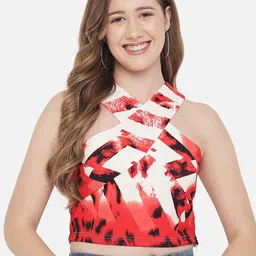 Orchid Blues Red & White Print Halter Neck Crop Top image 1