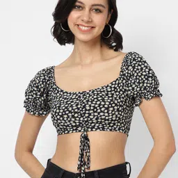 VASTRADO Black & Multicoloured Floral Print Puff Sleeves Crop Top image 1