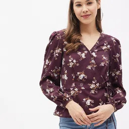 Harpa Maroon Floral Print Wrap Top-image-76
