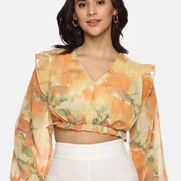 ISU Floral Printed Puff Sleeves V-Neck Chiffon Blouson Crop Top-picture-24