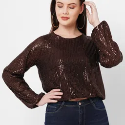 Kraus Jeans Embellished Round Neck Raglan Sleeves Cotton Crop Top image 1