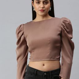 SHOWOFF Women Taupe Crepe Crop Top-picture-8