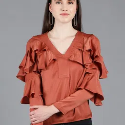 Amagyaa Rust Ruffles Crepe Wrap Top-picture-22