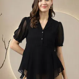 BAESD Shirt Collar Puff Sleeves High-Low Top-picture-40
